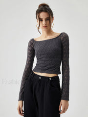 Semi sheer Boat Neck Trendy Mesh Crop Top T Shirts