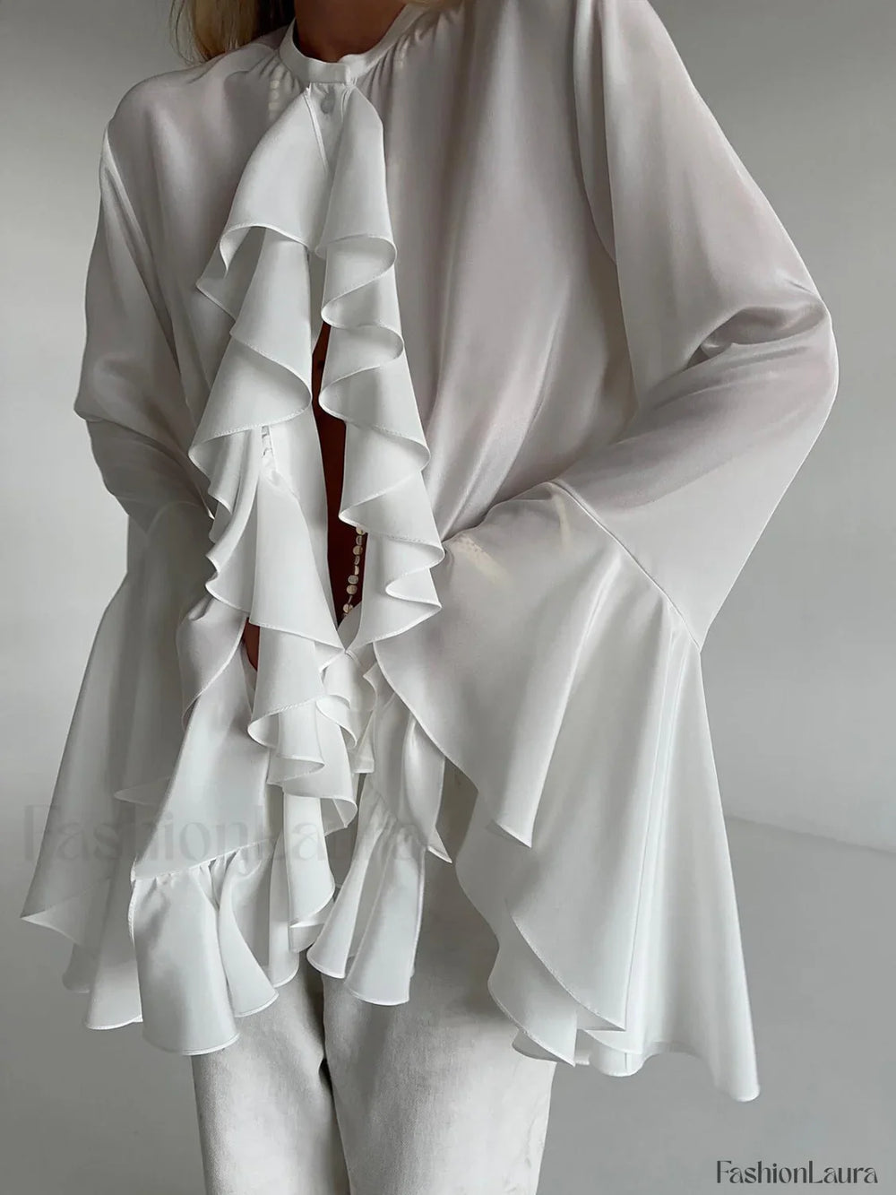 Semi sheer Chiffon Graceful Ruffled Trim Blouse Blouses