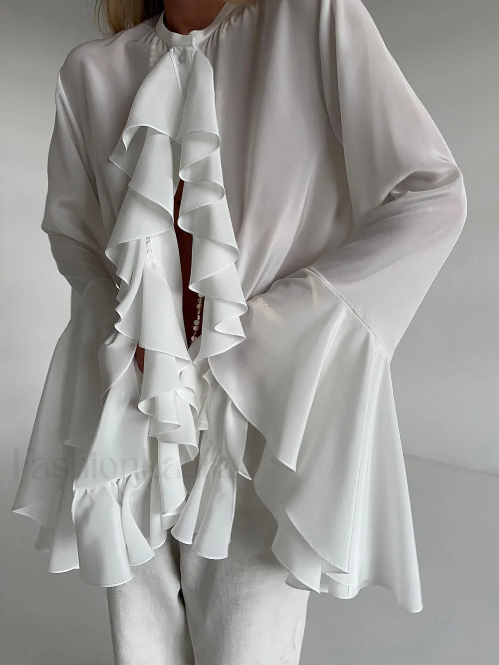 Semi sheer Chiffon Graceful Ruffled Trim Blouse Blouses