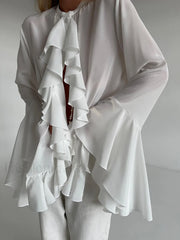 Semi sheer Chiffon Graceful Ruffled Trim Blouse Blouses