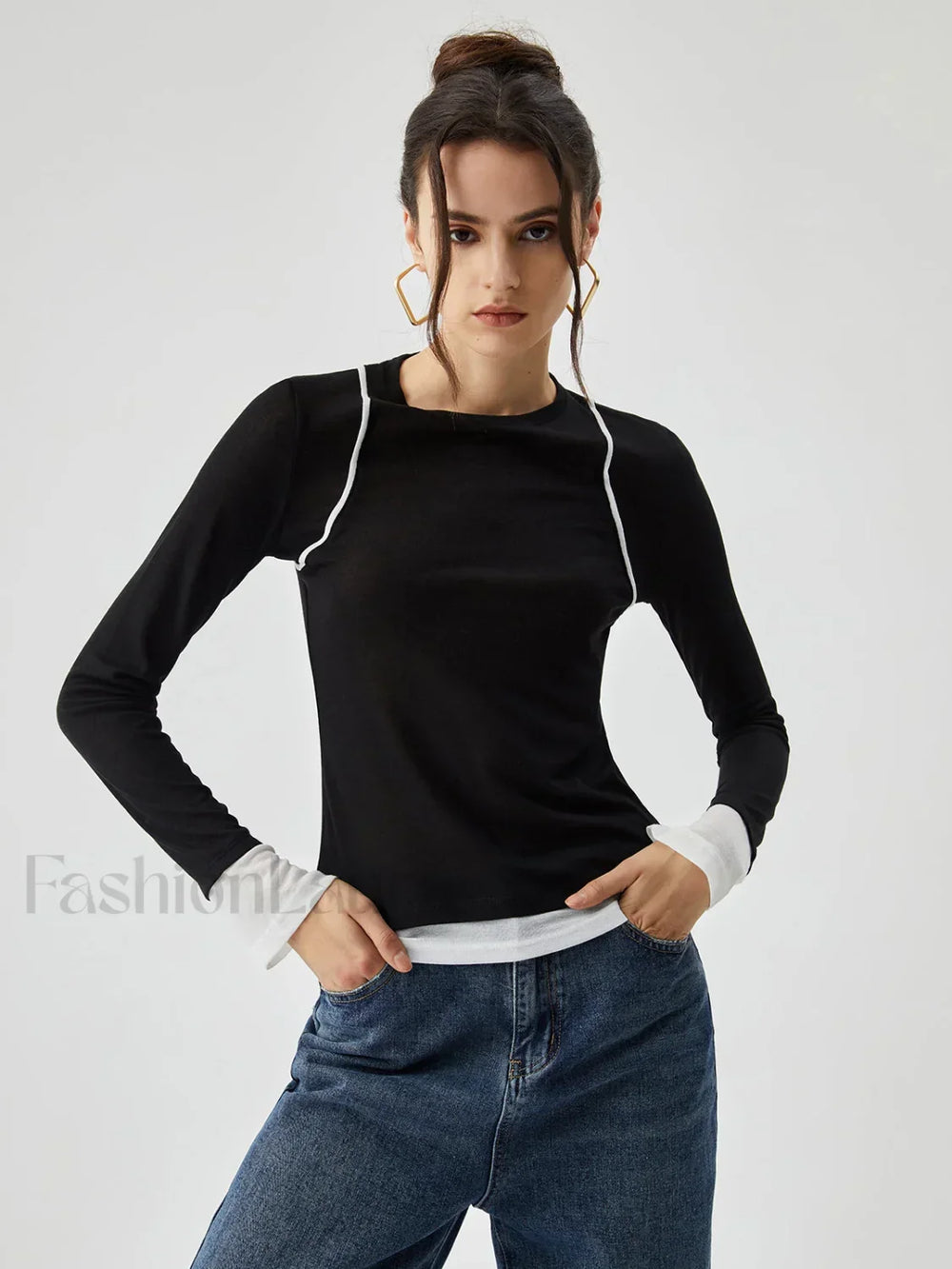 Semi sheer Contrast Trim Patchwork Modern Long Sleeve Knit Top T Shirts