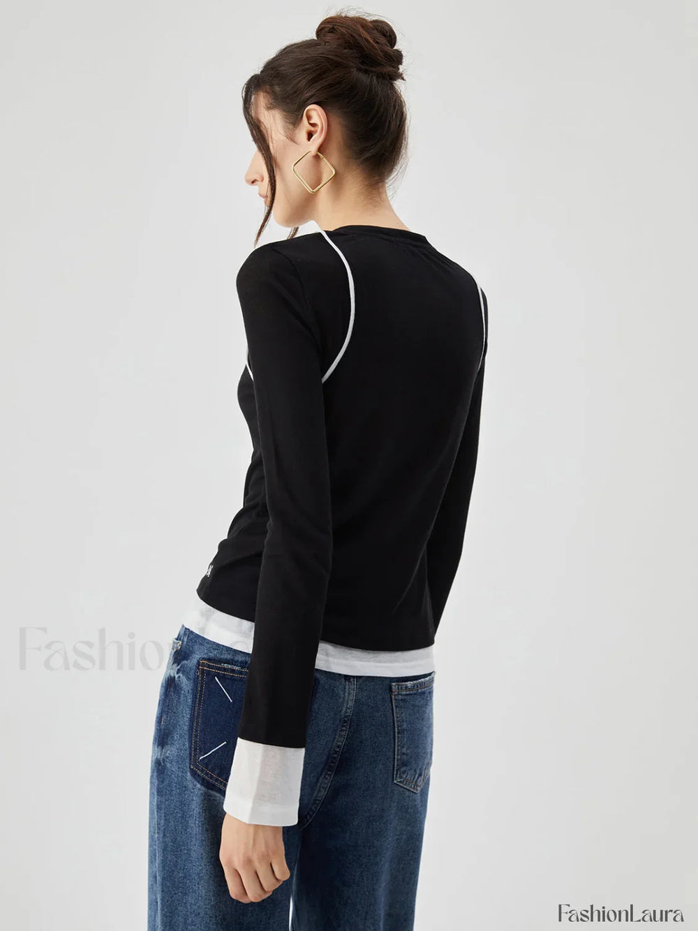 Semi sheer Contrast Trim Patchwork Modern Long Sleeve Knit Top T Shirts