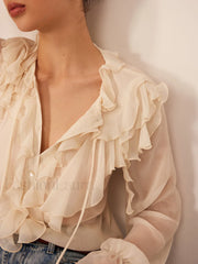 Semi Sheer Ruffle Chiffon Breasted Blouse Blouses