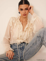 Semi Sheer Ruffle Chiffon Breasted Blouse Blouses