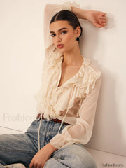 Semi Sheer Ruffle Chiffon Breasted Blouse Blouses