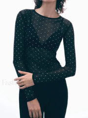 Semi sheer Sequined Polka Dot Modern Long Sleeve Mesh Shirt T Shirts