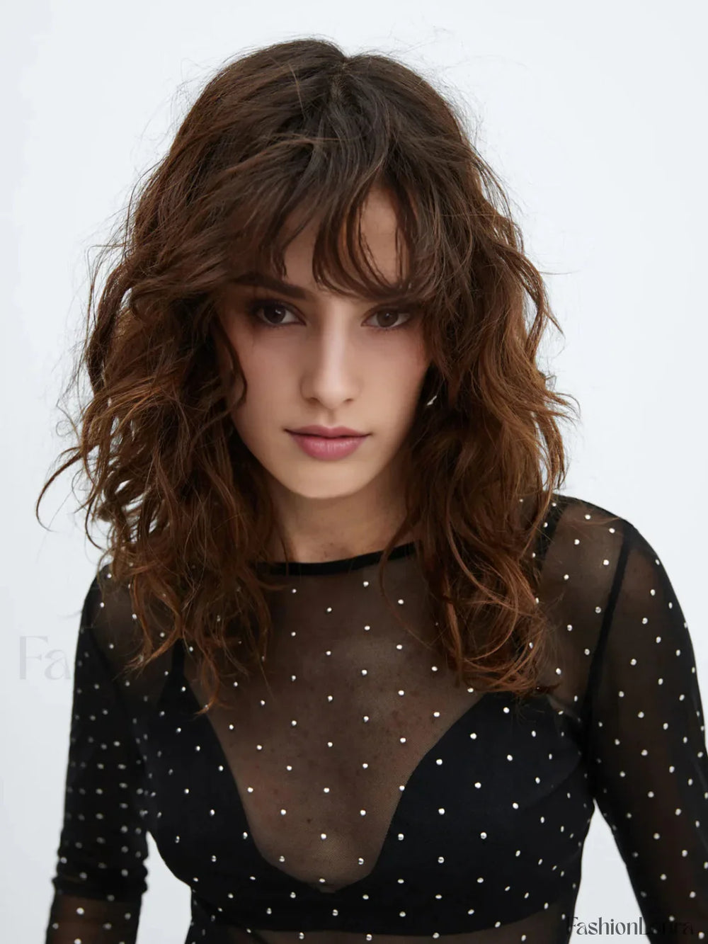 Semi sheer Sequined Polka Dot Modern Long Sleeve Mesh Shirt T Shirts