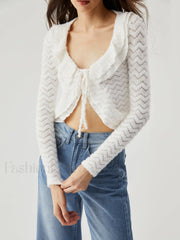 Semi sheer Wavy Ruffled Trendy Trim Tied Crop Blouse White / S Blouses