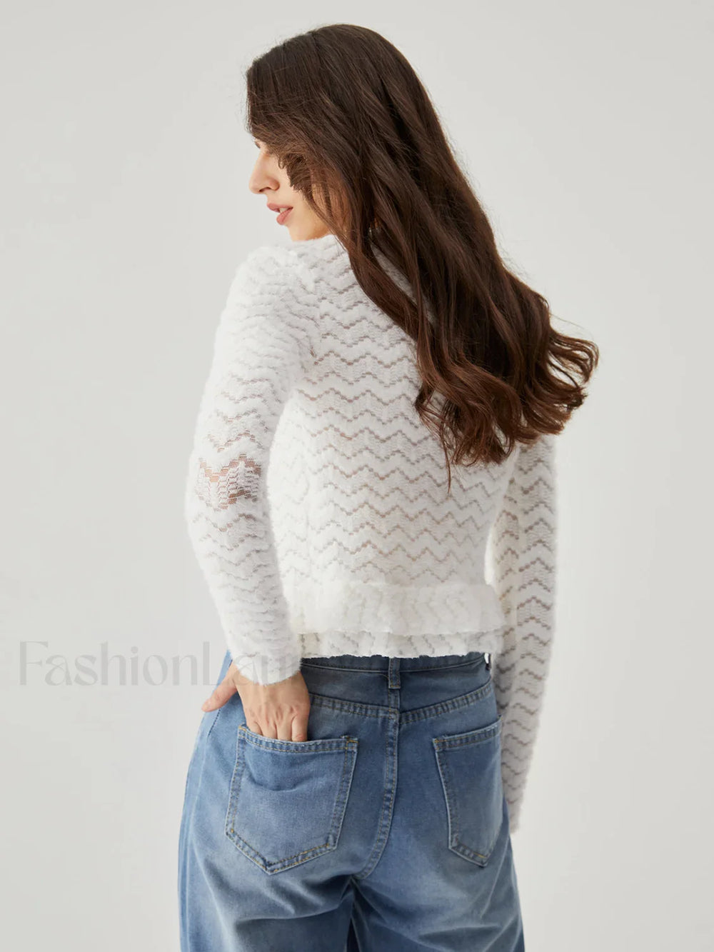 Semi sheer Wavy Ruffled Trendy Trim Tied Crop Blouse Blouses