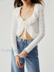 Semi sheer Wavy Ruffled Trendy Trim Tied Crop Blouse White / S Blouses