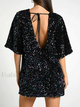 Sequin Deep V Trendy Back Tie Short Dress Black / S Dresses
