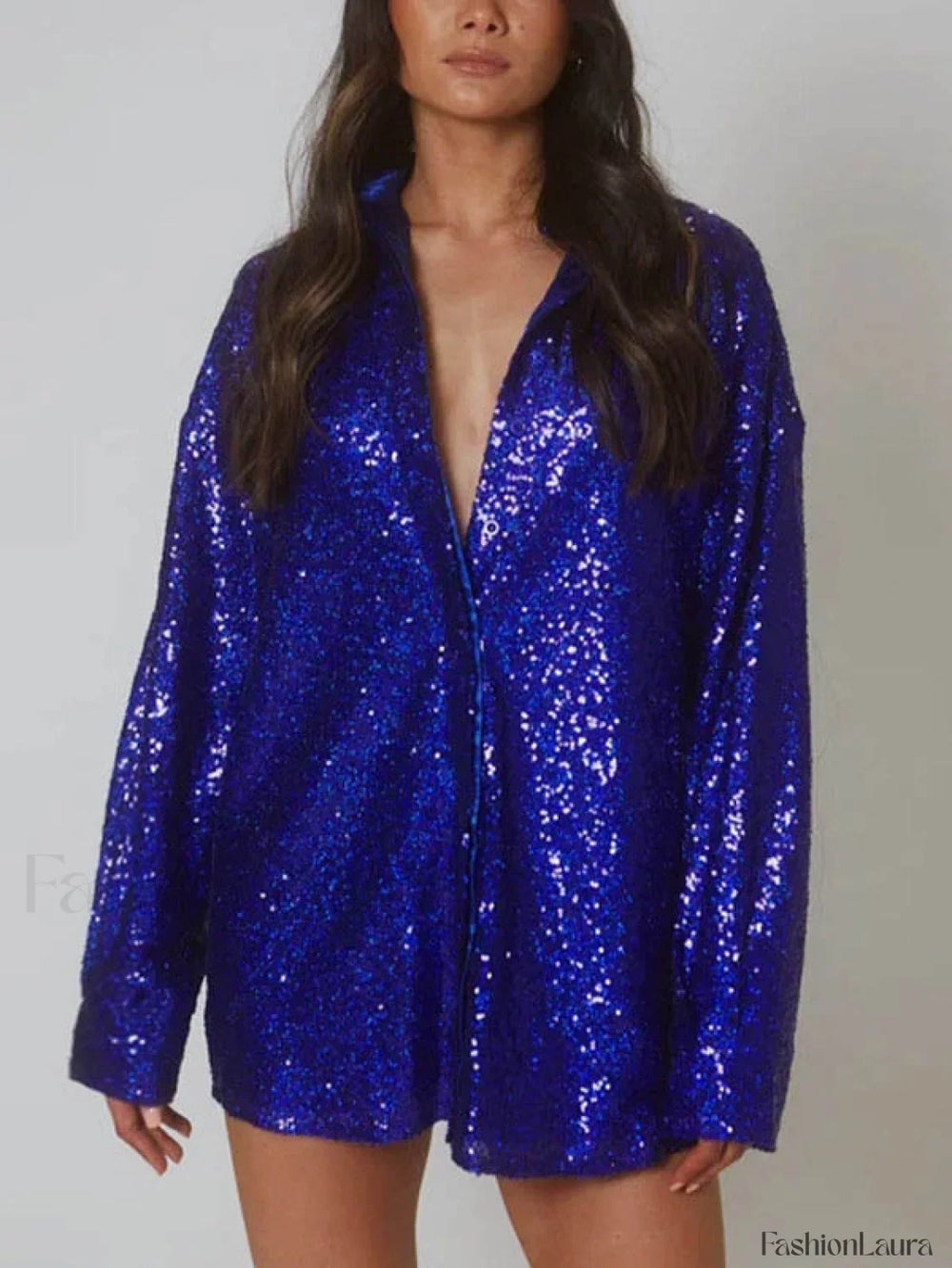 Sequin Long Sleeve Shirt Party Mini Dress Blue / S Mini Dresses