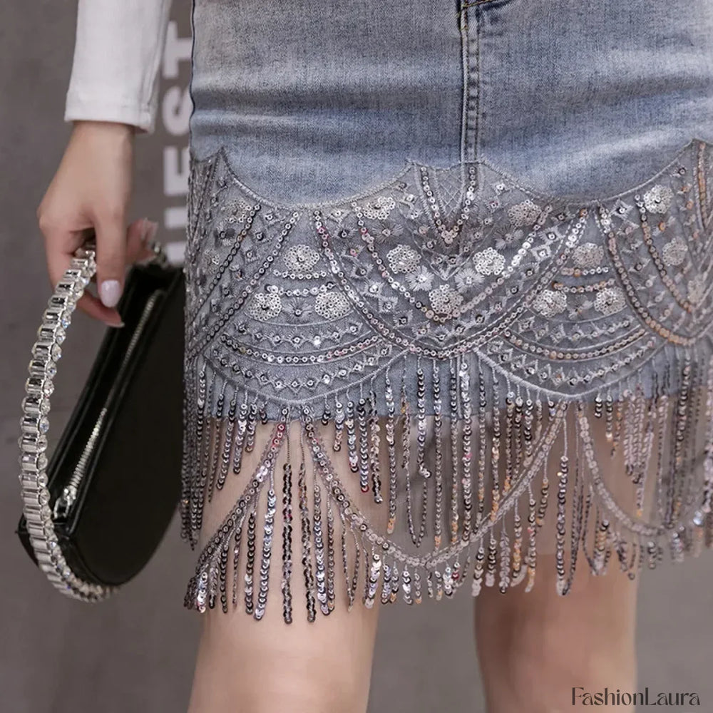 Sequins Patchwork Embroidery Fringe Mini Denim Skirt