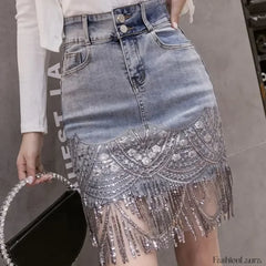 Sequins Patchwork Embroidery Fringe Mini Denim Skirt