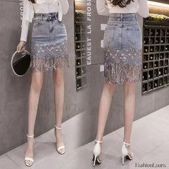 Sequins Patchwork Embroidery Fringe Mini Denim Skirt