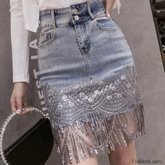 Sequins Patchwork Embroidery Fringe Mini Denim Skirt Light Blue / S