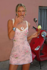 Sexy Floral Strappy Slim Backless Mini Dress Suit color / S