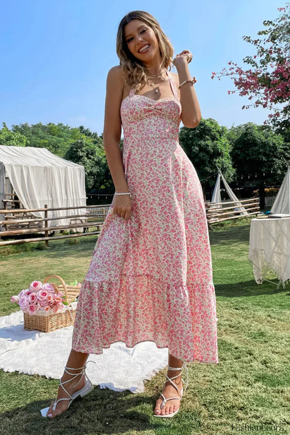 Sexy Wind Neck Sleeveless High Waist Backless A Line Floral Dress