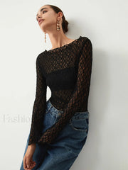 Sheer Floral Graceful Long Sleeve Top Black / XS T Shirts