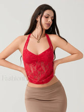 Sheer Floral Halter Crop Top RED / S