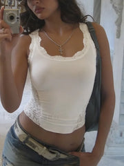 Sheer Lace Graceful Patchwork Tank Top Tank Tops & Camis