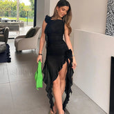 Sheer Mesh 3D Flower Ruffle Trim Sleeveless Club Dress Black S / Black Party Dresses L