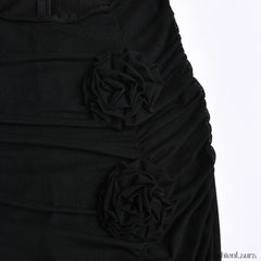 Sheer Mesh Floral Trim Cut Out High Slit Strapless Maxi Dress Black Party Dresses L