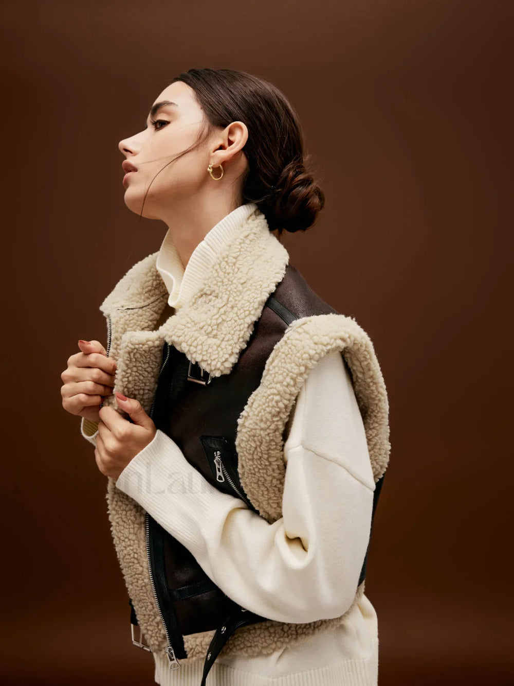 Sherpa Lined Shearling Trendy Leather Biker Crop Vest Vests