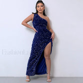 Shimmery Sequin High Split One Shoulder Gown Maxi Dress Royal Blue S / Royal Blue Formal Dresses
