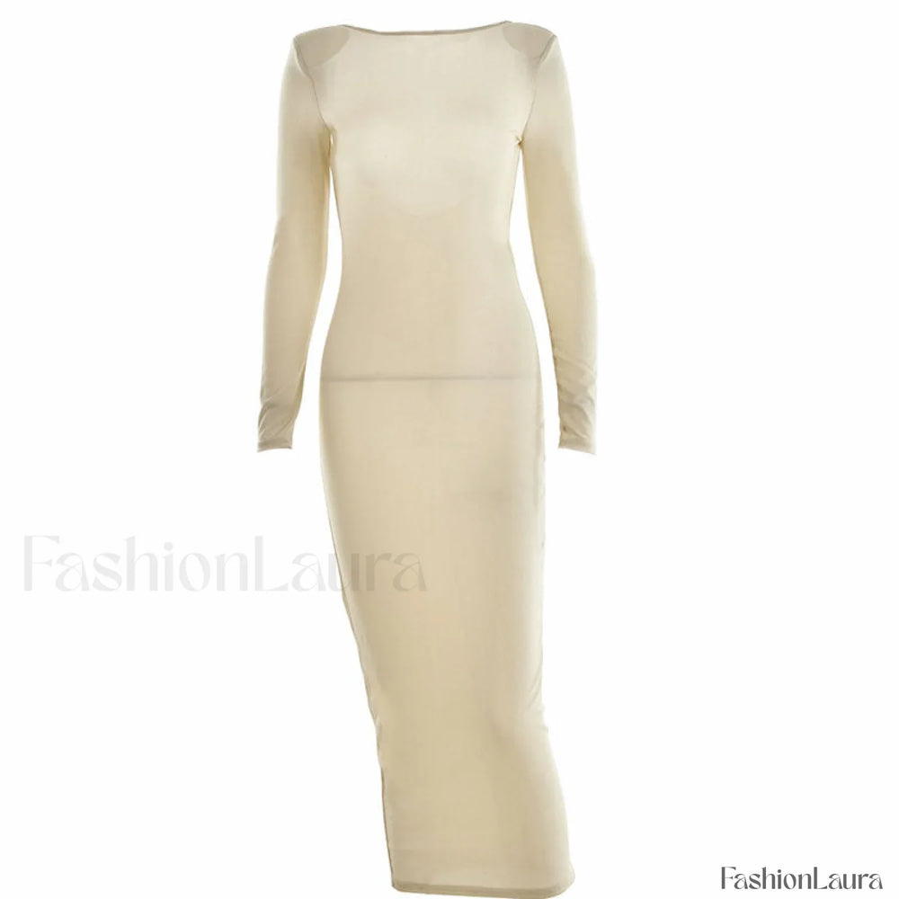 Shimmery Shoulder Pad Long Sleeve Open Back Cocktail Midi Dress Khaki L / Khaki Party Dresses L