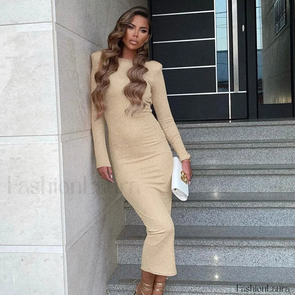 Shimmery Shoulder Pad Long Sleeve Open Back Cocktail Midi Dress Khaki S / Khaki Party Dresses L