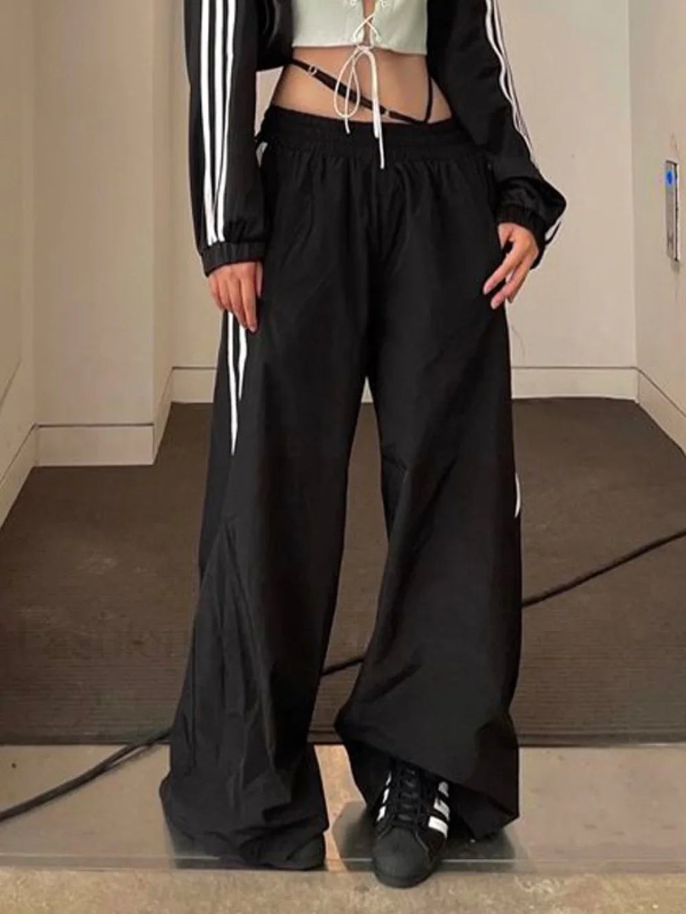 Side Striped Black Wide Leg Pants Wide Leg Pants