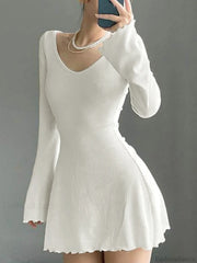 Simple Knitted Long Sleeve Mini Dress White / S Mini Dresses