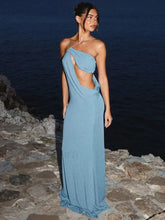 Skew Collar Hollow Maxi Dress Light Blue / S