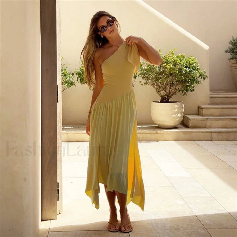 Slanted Shoulder Strap Split Waist Spliced Maxi Dress