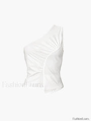 Sleeveless One Shoulder Trendy Ruched Plain Top Tank Tops & Camis