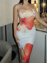 Sleeveless Strapless Bodycon Flower Print Midi Floral Dress WHITE / S