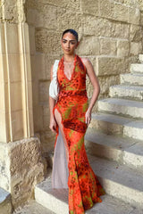 Slim Fit Printed Split End Holiday Floral Dress