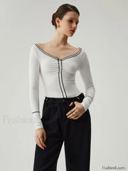 Slinky Boat Neck Trendy Contrast Trim Top T Shirts