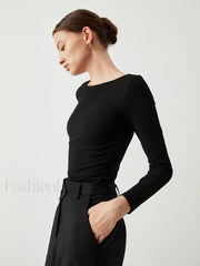 Slinky Ribbed Open Back Modern Crew Neck Long Sleeve Shirt Black / S T Shirts