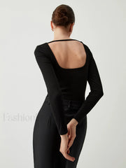 Slinky Ribbed Open Back Modern Crew Neck Long Sleeve Shirt T Shirts