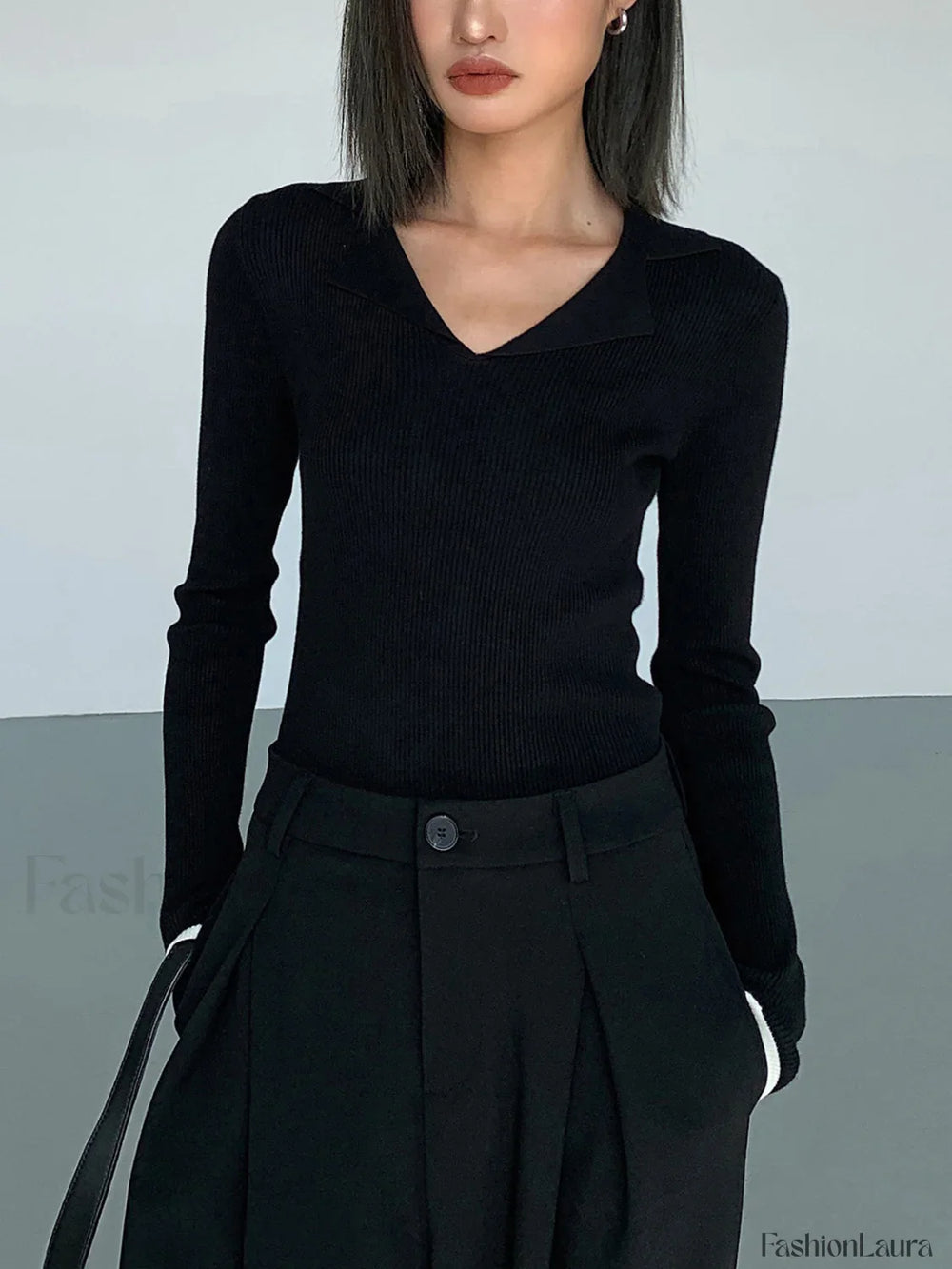 Slinky V neck Collar Trendy Ribbed Knit Top Sweaters L