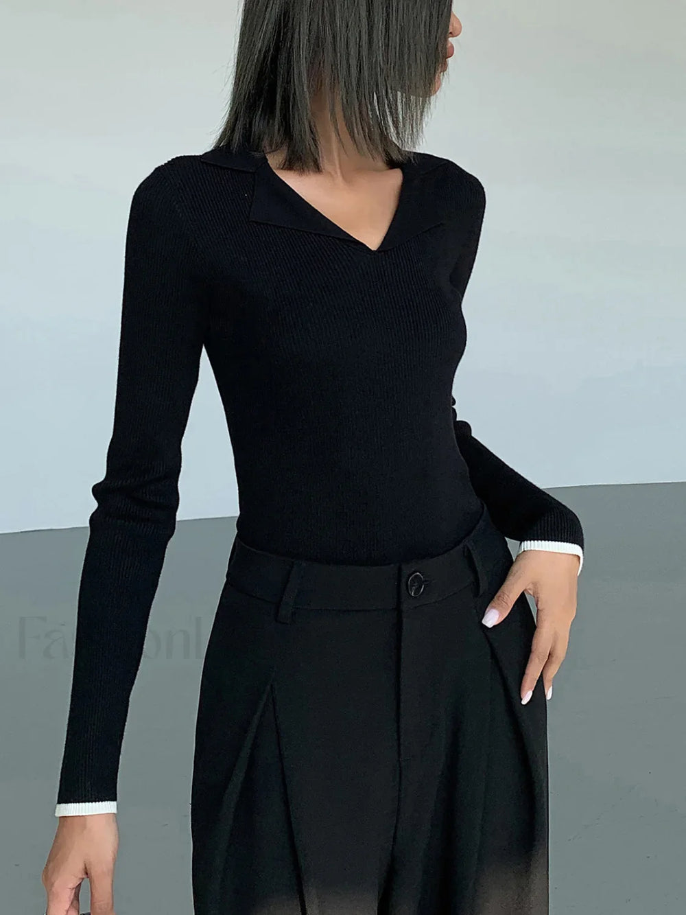 Slinky V neck Collar Trendy Ribbed Knit Top Sweaters L