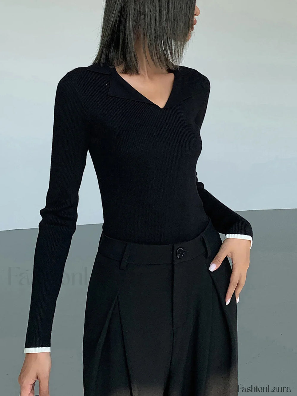 Slinky V neck Collar Trendy Ribbed Knit Top Sweaters L