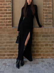 Slit Pleated Long Sleeve Bodycon Mock Neck Long Dress Dresses