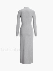 Slit Pleated Long Sleeve Modern Bodycon Mock Neck Long Dress Dresses