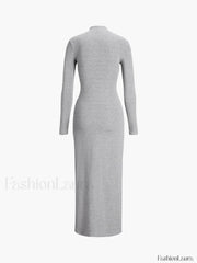 Slit Pleated Long Sleeve Modern Bodycon Mock Neck Long Dress Dresses