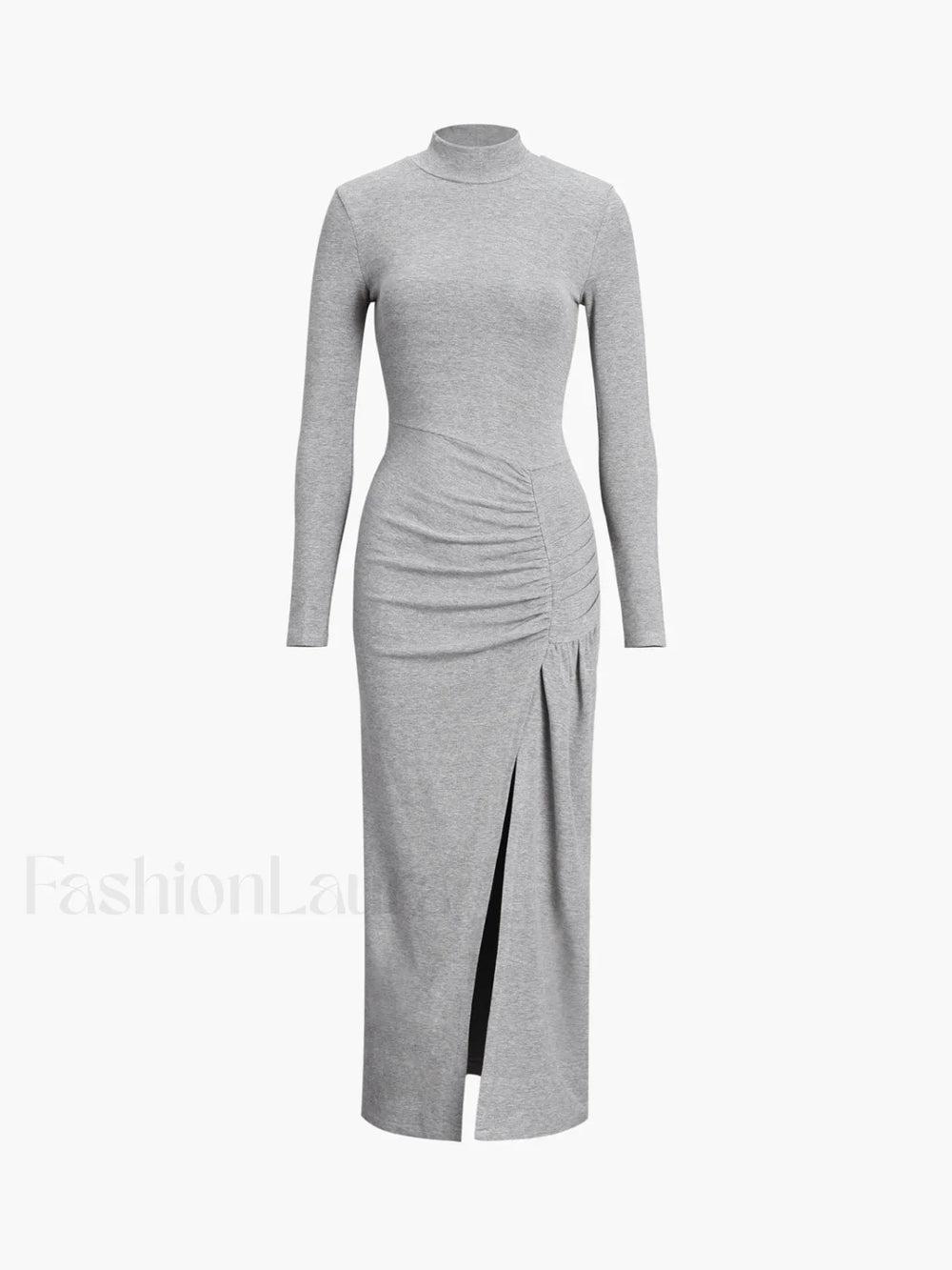 Slit Pleated Long Sleeve Modern Bodycon Mock Neck Long Dress Light Grey / XS Dresses