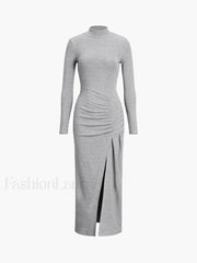 Slit Pleated Long Sleeve Modern Bodycon Mock Neck Long Dress Light Grey / XS Dresses