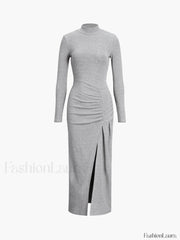 Slit Pleated Long Sleeve Modern Bodycon Mock Neck Long Dress Light Grey / XS Dresses